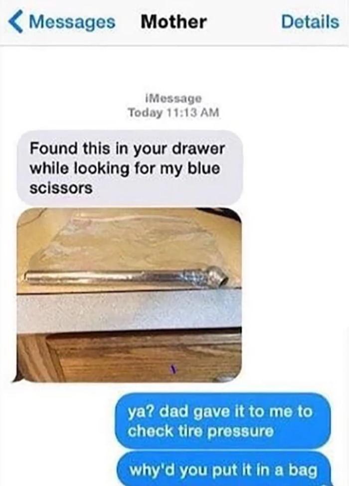 Text exchange showing a humorous misunderstanding about an object in a bag and tire pressure.