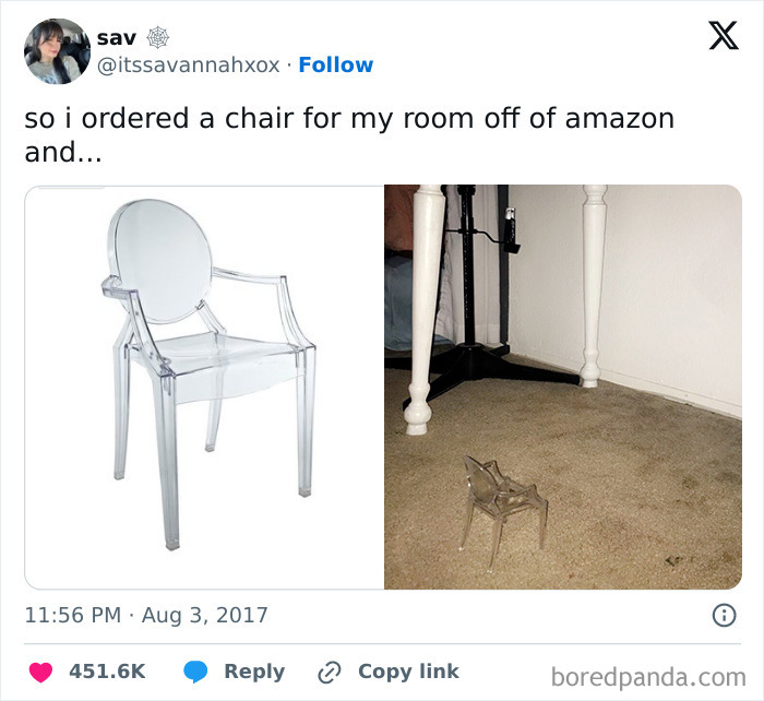 Photo of a full-sized clear chair and a miniature version on a carpet, highlighting hilarious misunderstandings.