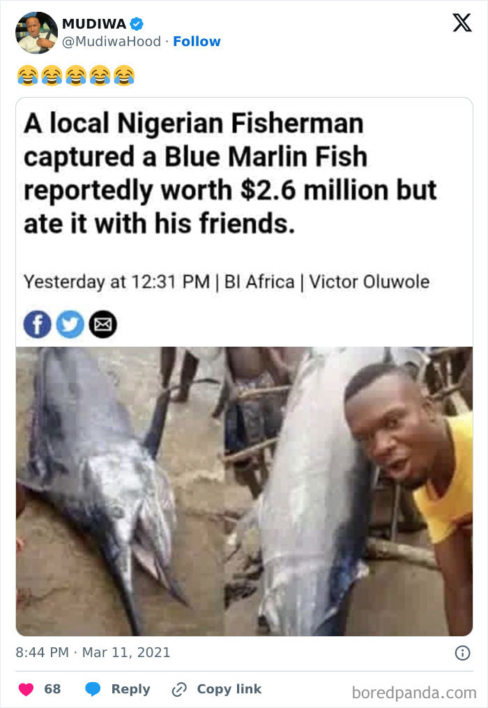 Man poses with large fish; headline highlights hilarious news.