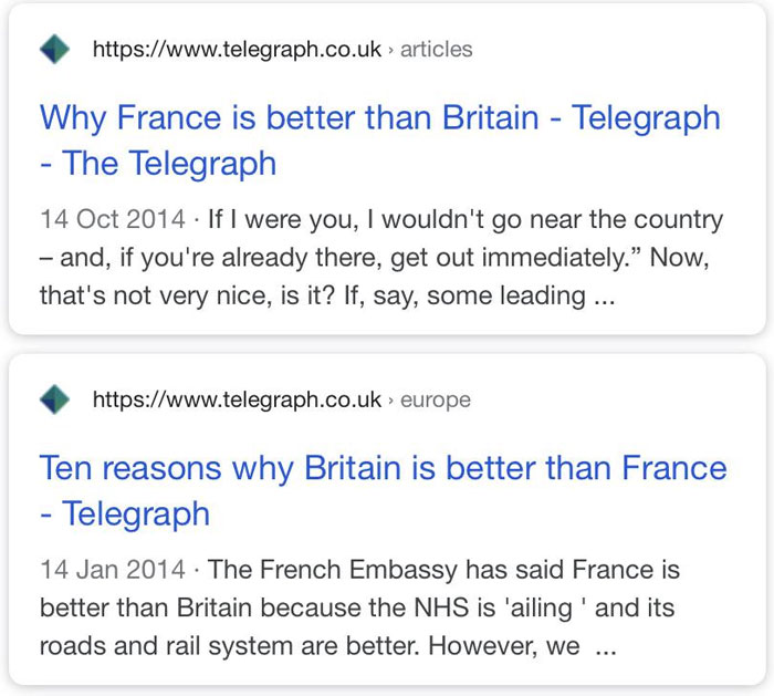 Search results feature hilarious news headlines comparing France and Britain on Telegraph.