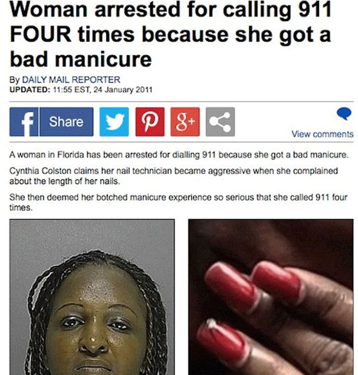 Headline about a woman's 911 calls over a manicure; her photo and close-up of red nails shown, illustrating hilarious news headlines.