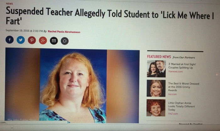 Teacher's controversial headline featured in a news article, linked with hilarious news headlines online.