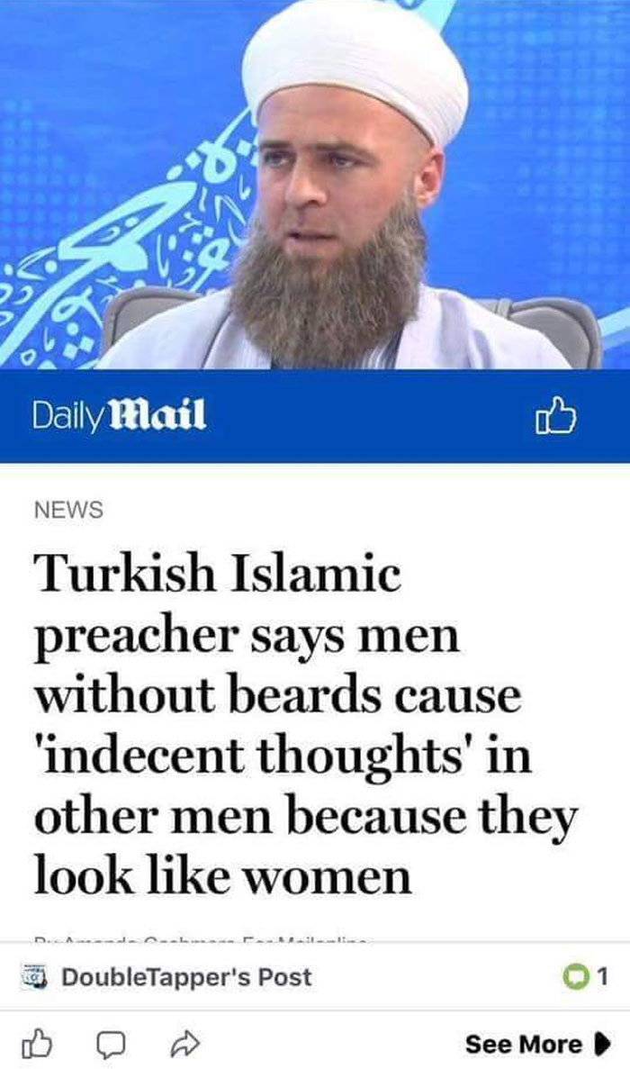 Islamic preacher with beard next to hilarious news headlines about men without beards causing indecent thoughts.