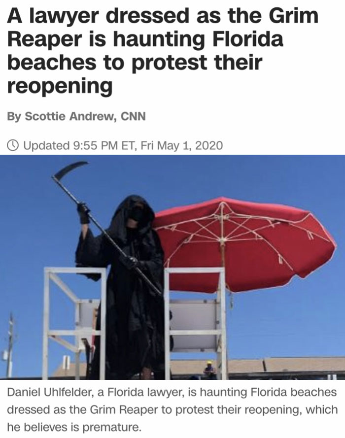 Man in Grim Reaper costume on lifeguard stand under red umbrella at Florida beach, representing a hilarious news headline.