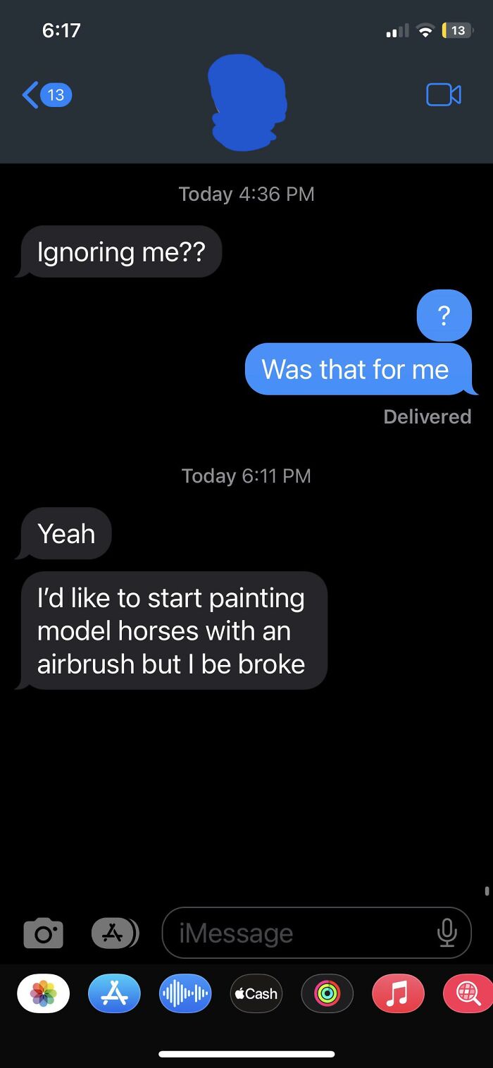 Confusing text exchange discussing airbrushing model horses despite being broke.