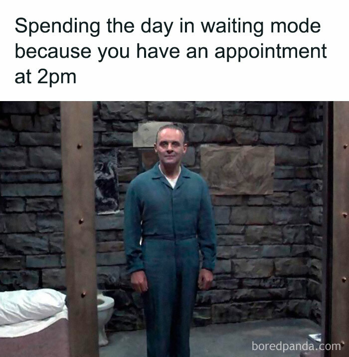 Man in a cell looking amused with text about waiting for a 2pm appointment; relatable mental health meme.