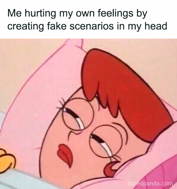 Cartoon character in bed with humorous mental health meme about overthinking fake scenarios.