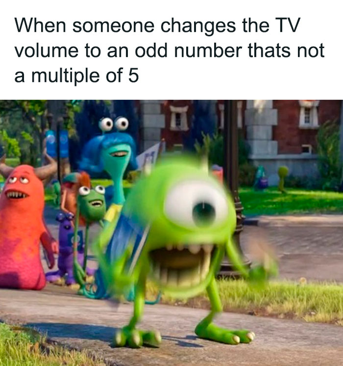 Relatable mental health meme with animated characters reacting humorously to TV volume change.
