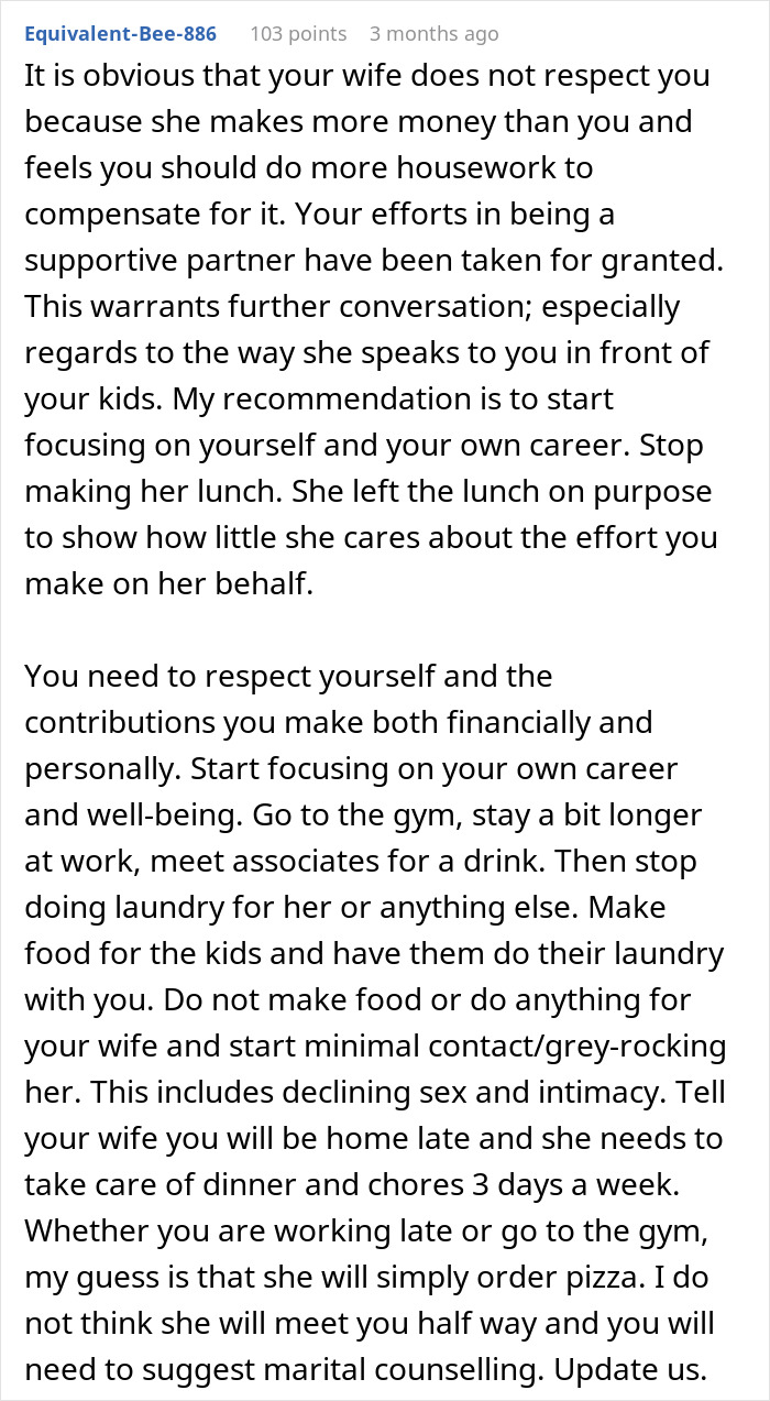 Online forum post discussing an unhelpful husband argument, suggesting marital counseling.