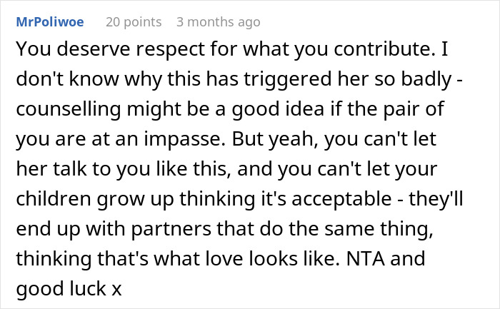 Comment discussing respect in relationships and the impact on children, related to husband being called unhelpful.