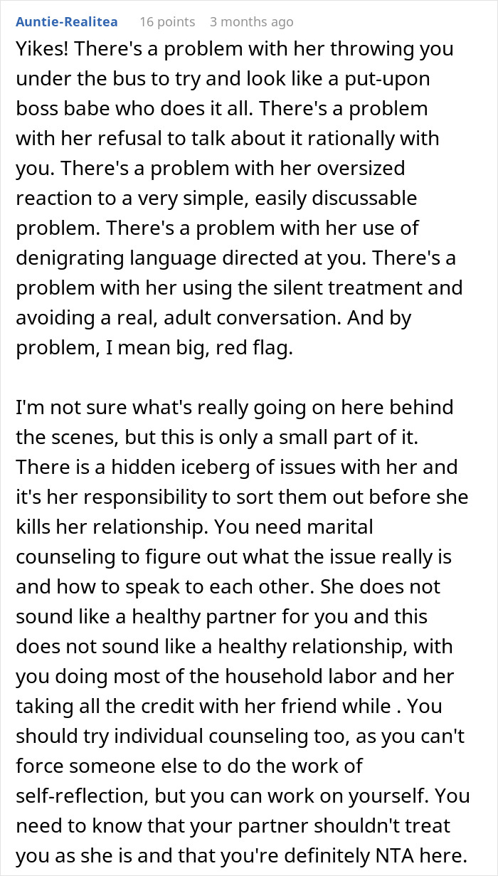 Reddit comment giving advice on marital issues, husband labeled "unhelpful," discussing communication and relationship dynamics.