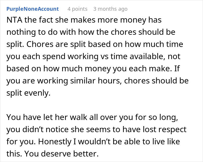 Text advising husband on chore division, reflecting on respect and fairness; relevant to "unhelpful" and domestic responsibilities.
