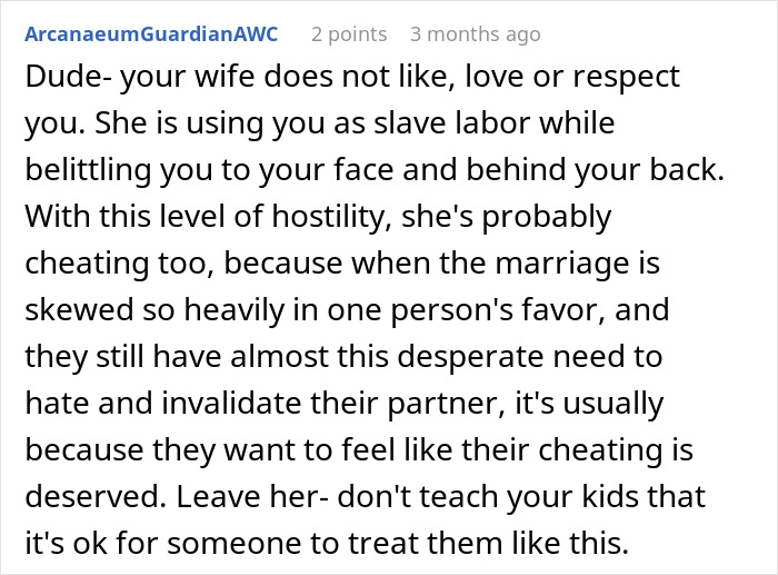 Text post about marital conflict, wife described as disrespectful and potentially unfaithful; advises husband to leave.