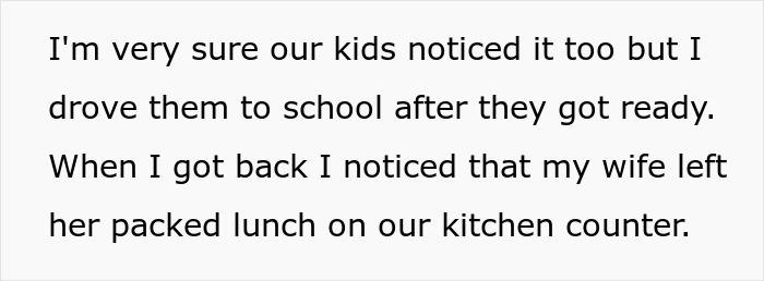 Text recounting husband's morning routine, mentioning driving kids to school and wife's forgotten lunch on kitchen counter.