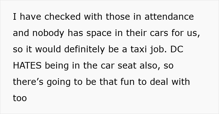 Text about transportation issues and discomfort with car seats.