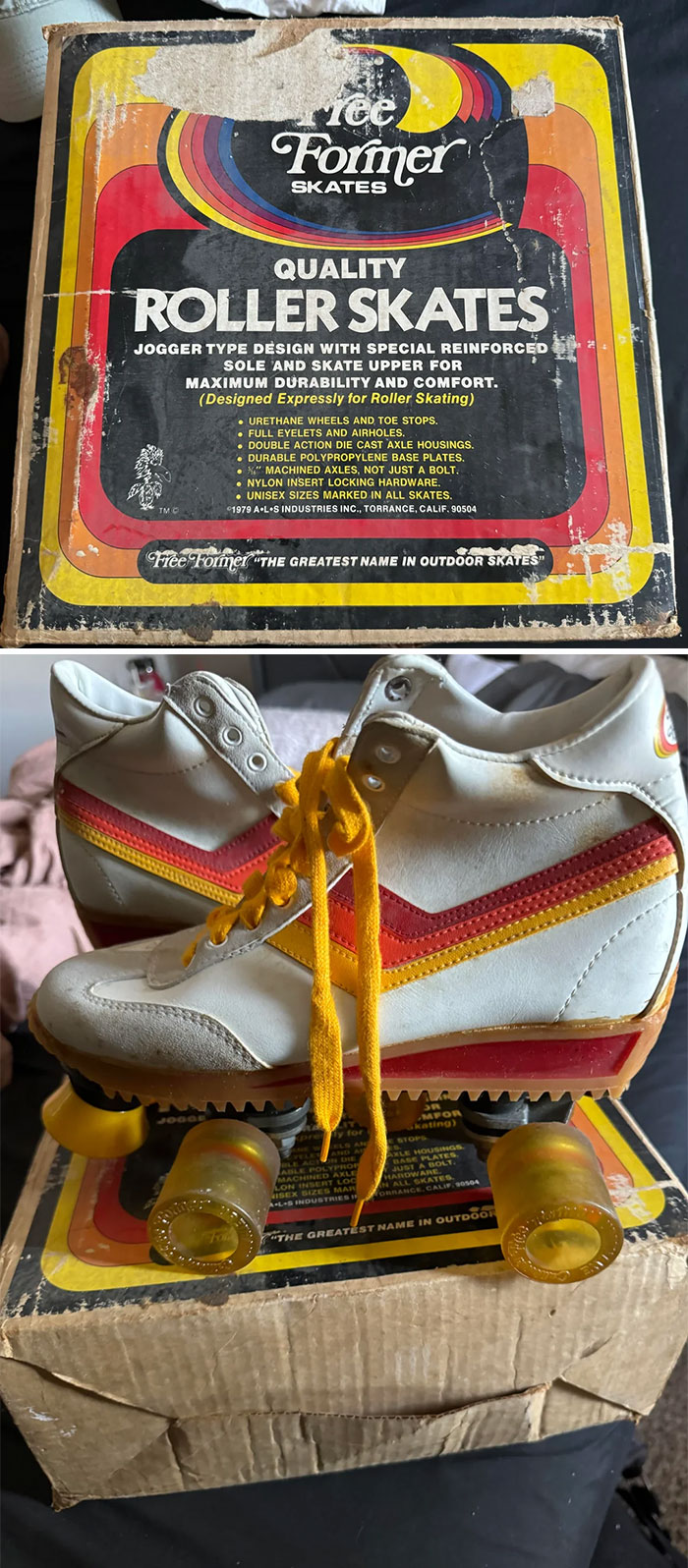 Vintage roller skates with colorful stripes and yellow laces, displayed with original packaging.