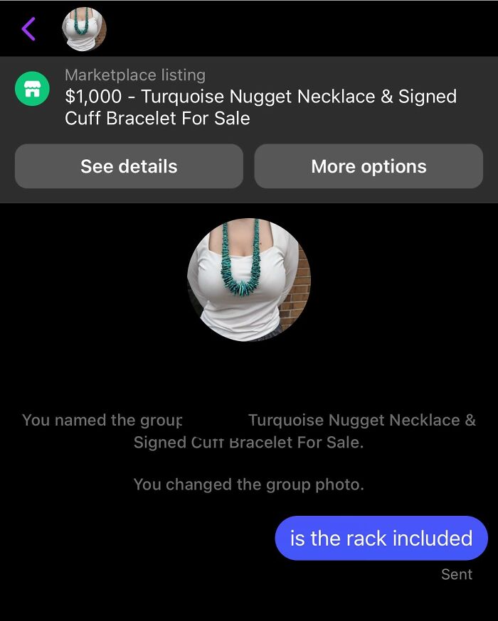Turquoise Nugget Necklace listed on Facebook Marketplace with humorous comment.
