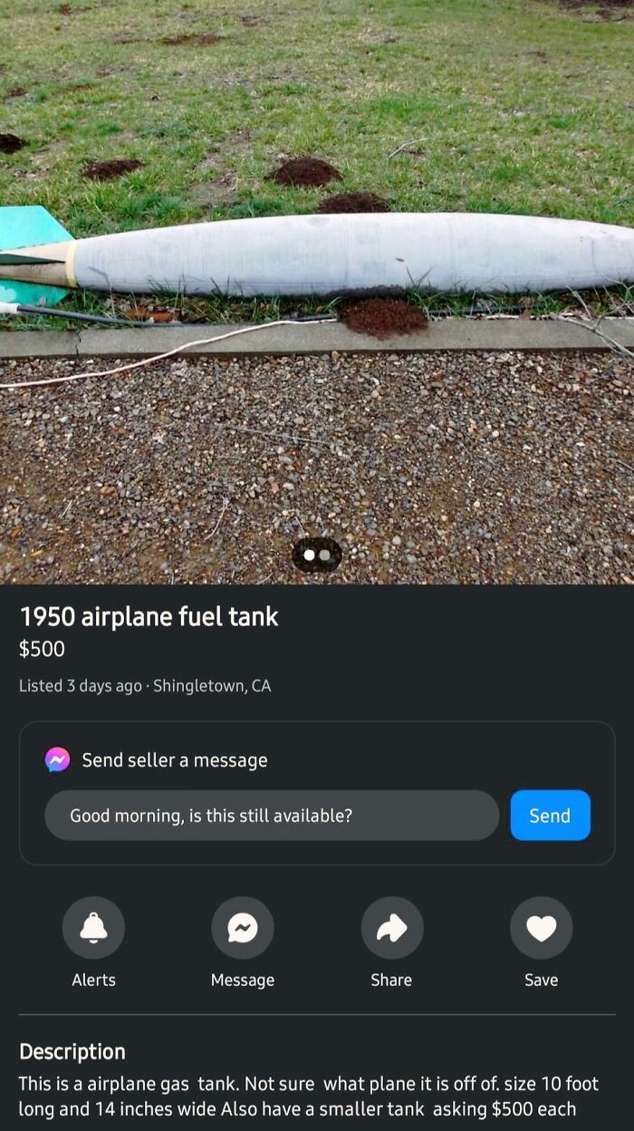 Vintage airplane fuel tank listed on Facebook Marketplace in a grassy area.
