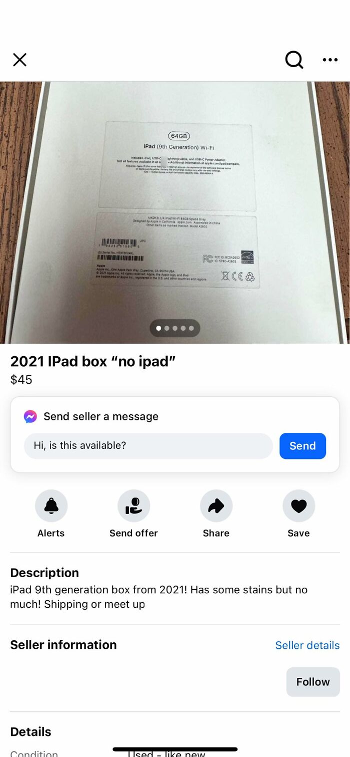 iPad box for sale on Facebook Marketplace, labeled "no iPad."