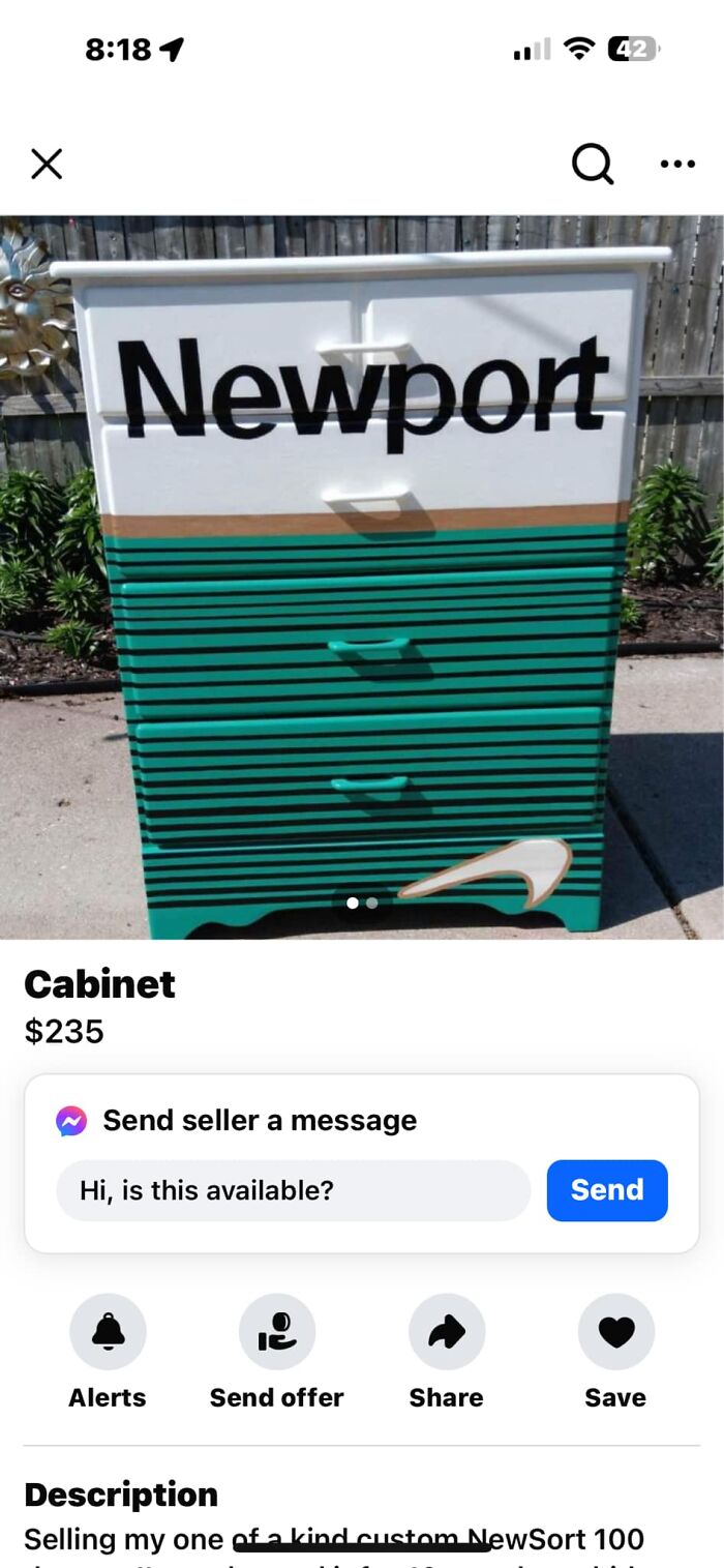 Custom-painted cabinet with "Newport" design on Facebook Marketplace.