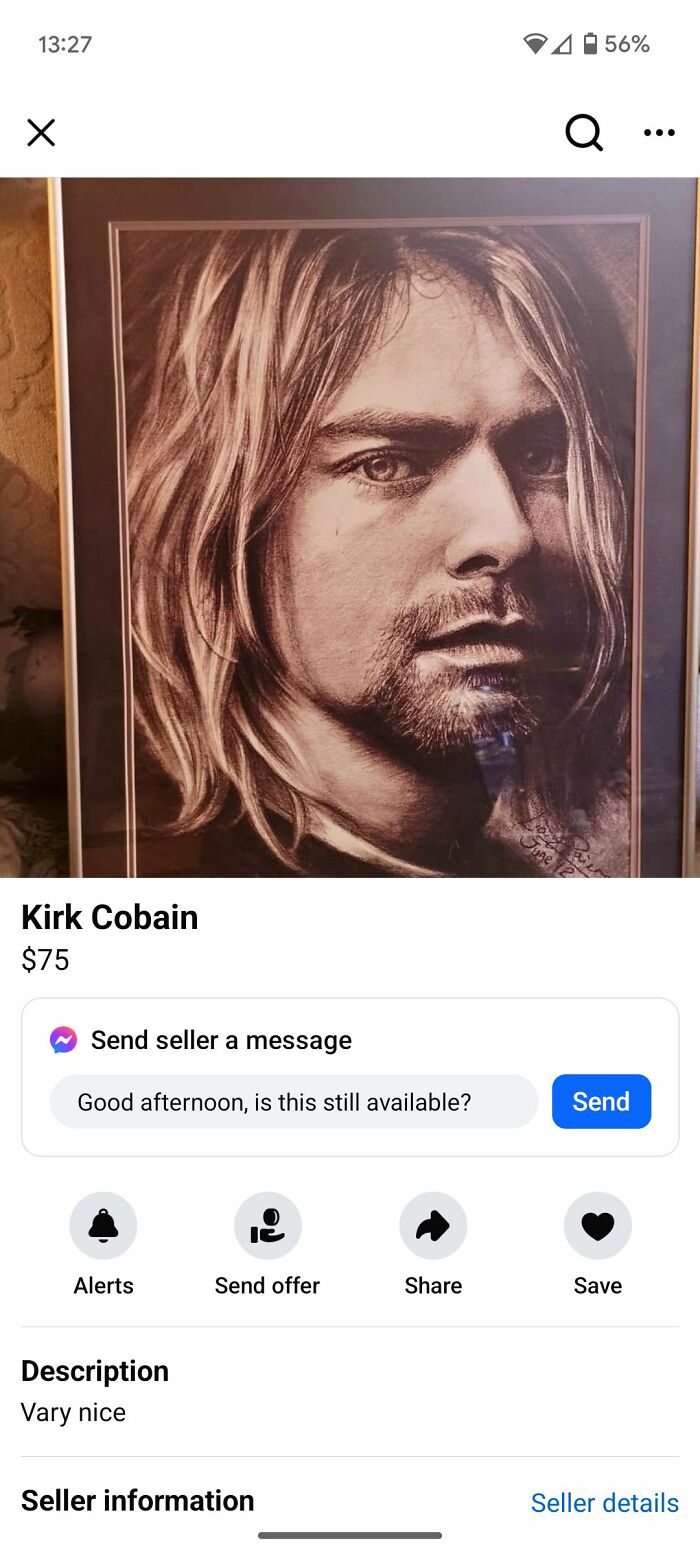 Drawing of a famous musician shared on Facebook Marketplace listing.