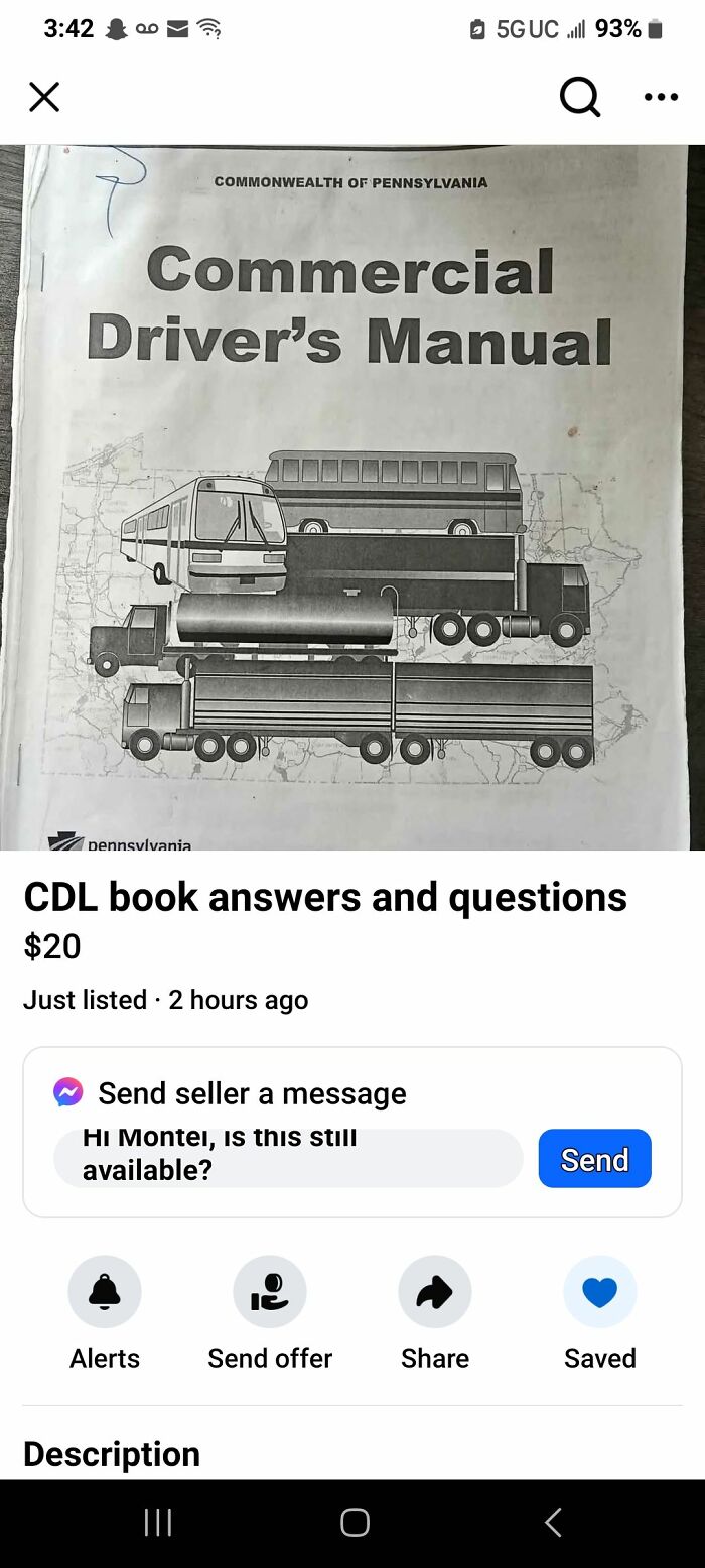 "Commercial Driver's Manual listed on Facebook Marketplace for sale."