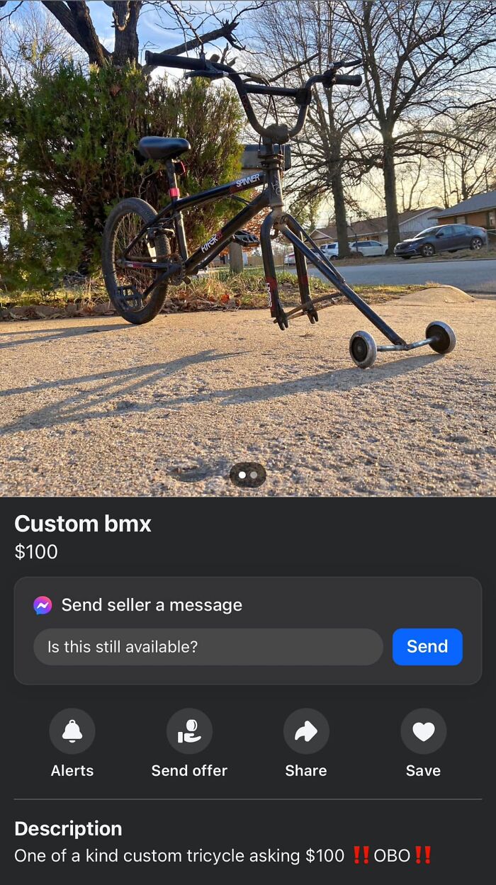 Custom BMX bike with unusual front wheel posted on Facebook Marketplace.