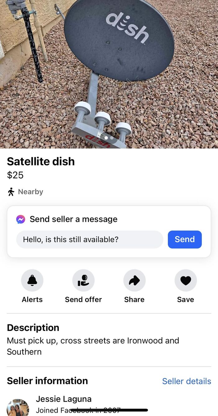Satellite dish listed on Facebook Marketplace for $25, with pickup instructions provided.