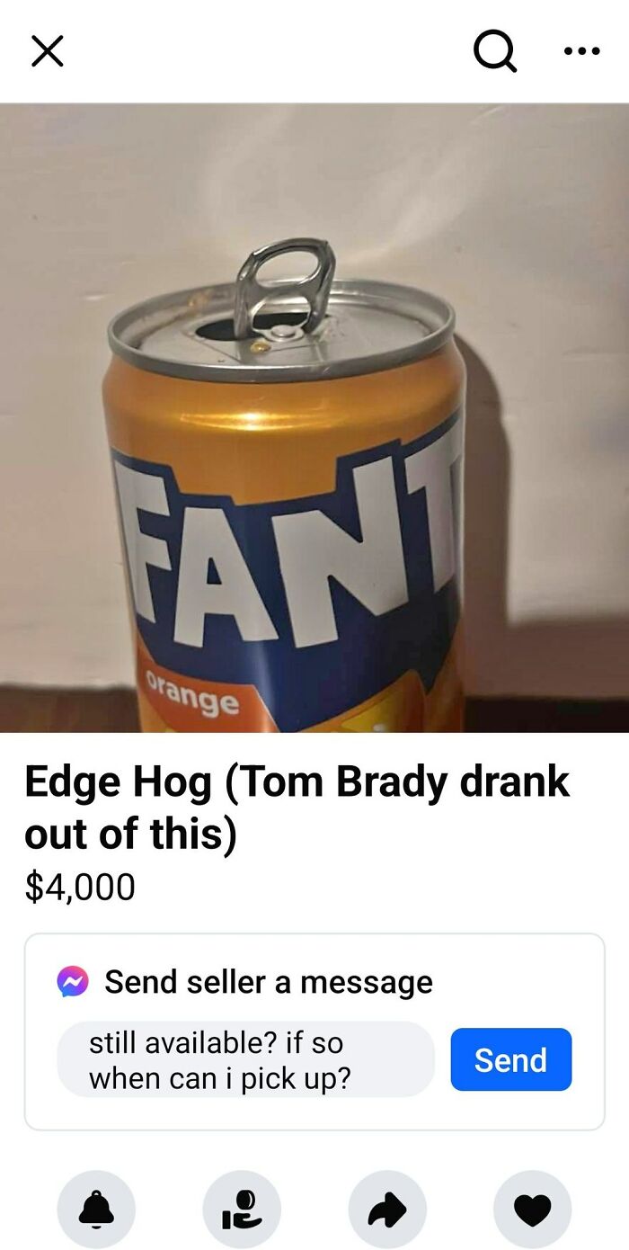 Open can of orange soda on Facebook Marketplace, listed humorously at $4,000, related to Idiots-Facebook-Marketplace-Pics.