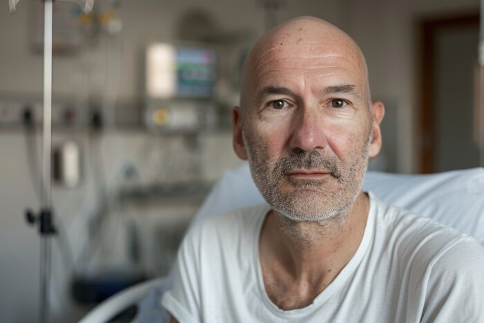 A bald man with a beard wearing a white shirt, seated in a hospital room, looking contemplative. 