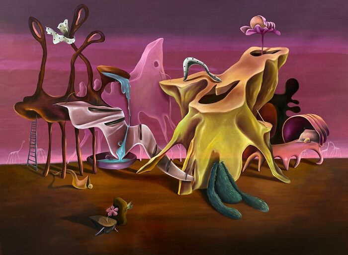 Surreal landscape painting by Rita Maikova Zaporozhets, featuring abstract organic shapes under a vibrant sky.