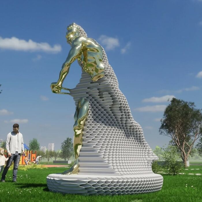 Metal pipe sculpture by Yi Chul Hee in a park with people observing, showcasing intricate design against a clear sky.