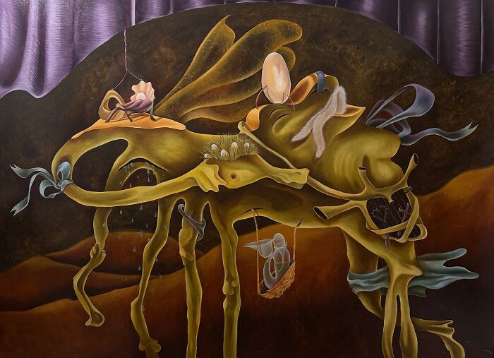 Surreal artwork by Rita Maikova Zaporozhets, blending imaginative elements with realistic forms on a dark abstract background.