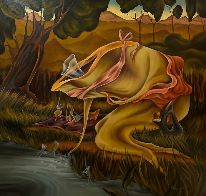 Surreal painting by Rita Maikova Zaporozhets depicting abstract figures in a dreamlike landscape by a pond.