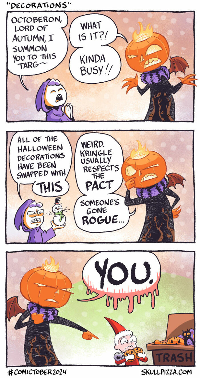 Pumpkin-headed character in Skull Pizza comic humorously dealing with swapped Halloween decorations.