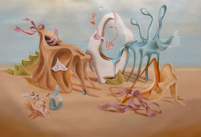 Surreal artwork by Rita Maikova Zaporozhets depicting abstract, dreamlike forms in a whimsical landscape.