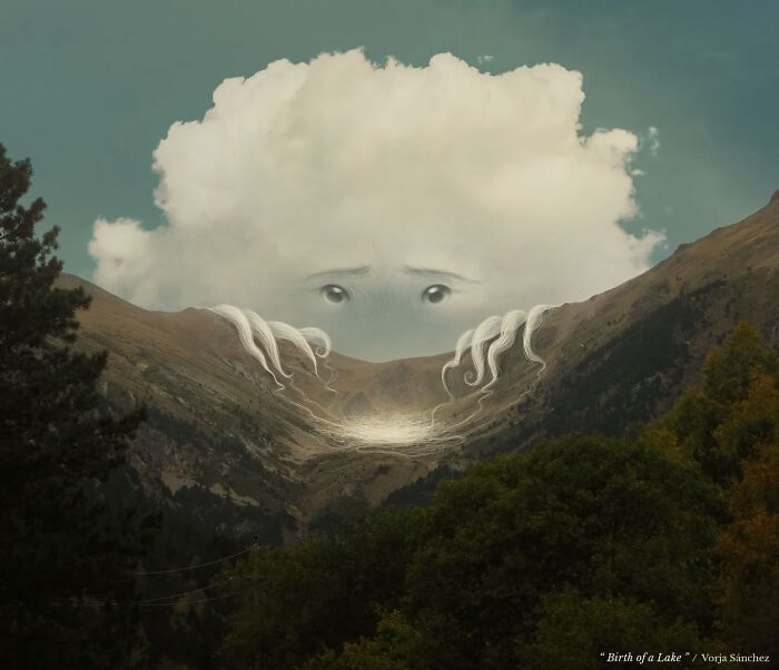 Surreal landscape art by Vorja Sánchez featuring a cloud with a face above mountains, titled "Birth of a Lake."