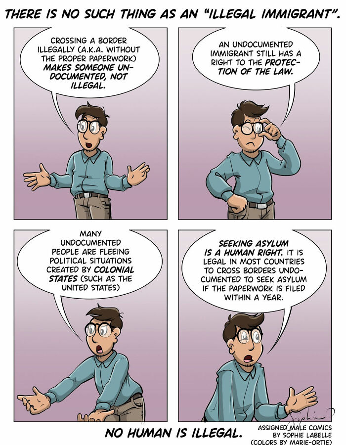 Comic on social issues highlighting immigration misconceptions, with a character discussing asylum, legality, and rights.