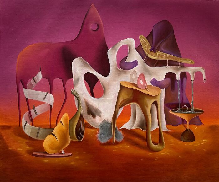 Surreal artwork by Rita Maikova Zaporozhets featuring abstract shapes in vibrant colors blending imagination and reality.