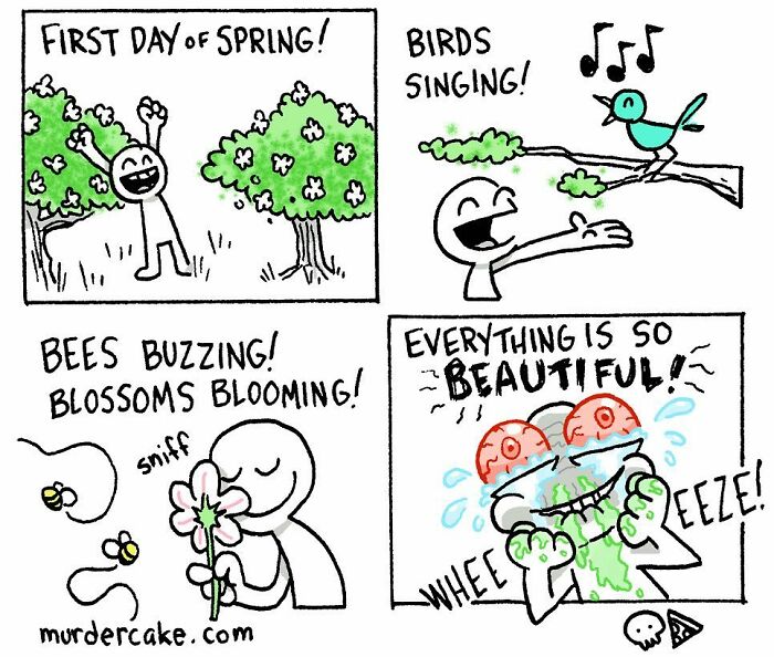 Skull Pizza comic about a character reacting humorously to the overwhelming beauty of spring.