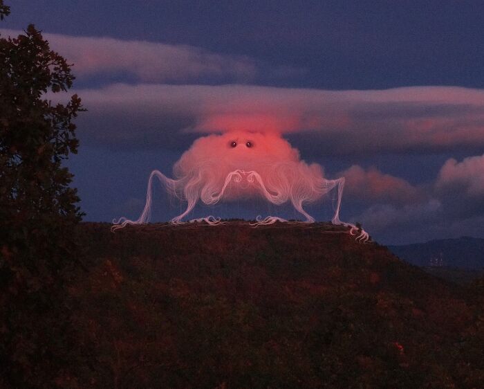 Fantasy creature with long white tendrils on a hill at dusk, inspired by interventions in nature art.