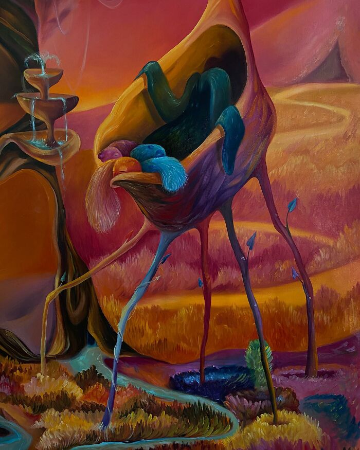 Surreal artwork by artist Rita Maikova Zaporozhets depicting a fantastical landscape with vibrant colors and abstract forms.