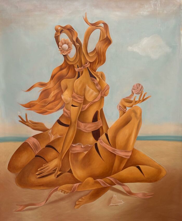 Surreal art by Rita Maikova Zaporozhets, depicting abstract figures intertwined against a serene backdrop.