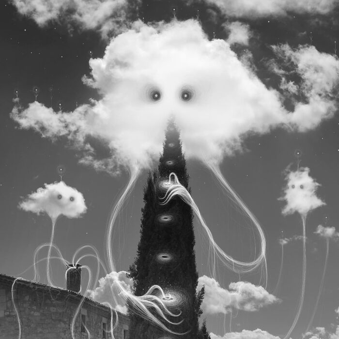 Surreal cloud figures above a tree, featured in Vorja Sánchez's interventions artwork.