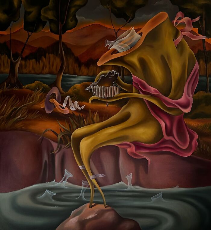 Surreal art piece by Rita Maikova Zaporozhets depicting a whimsical, abstract figure in a dreamlike landscape.