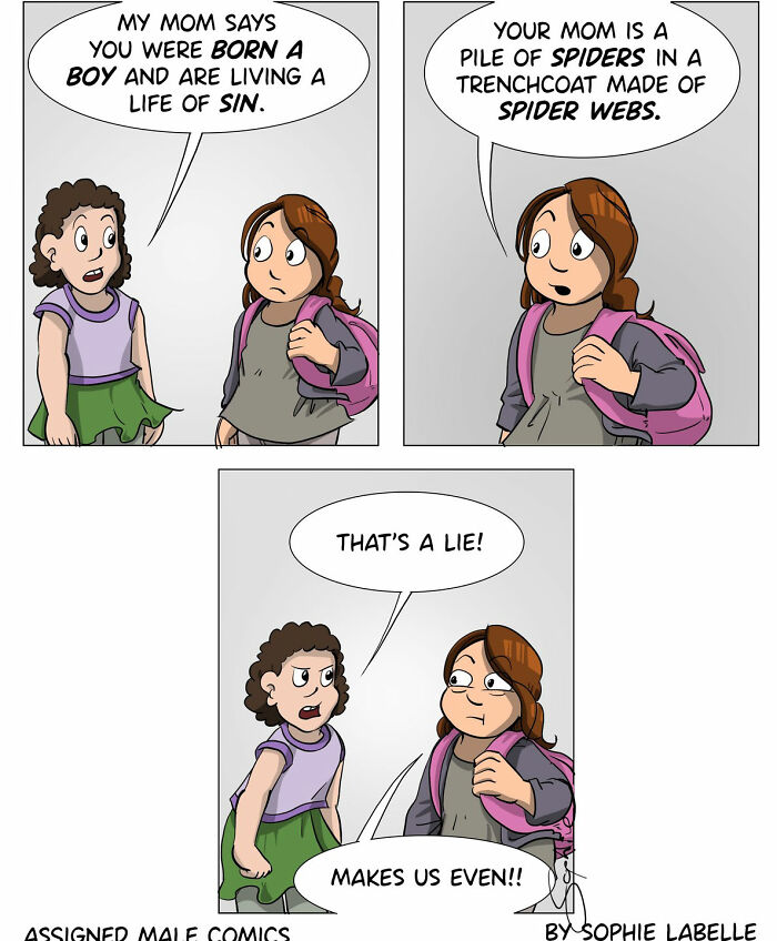 Comic by Sophie Labelle addressing transgender experiences with two children having a conversation about identity and acceptance.