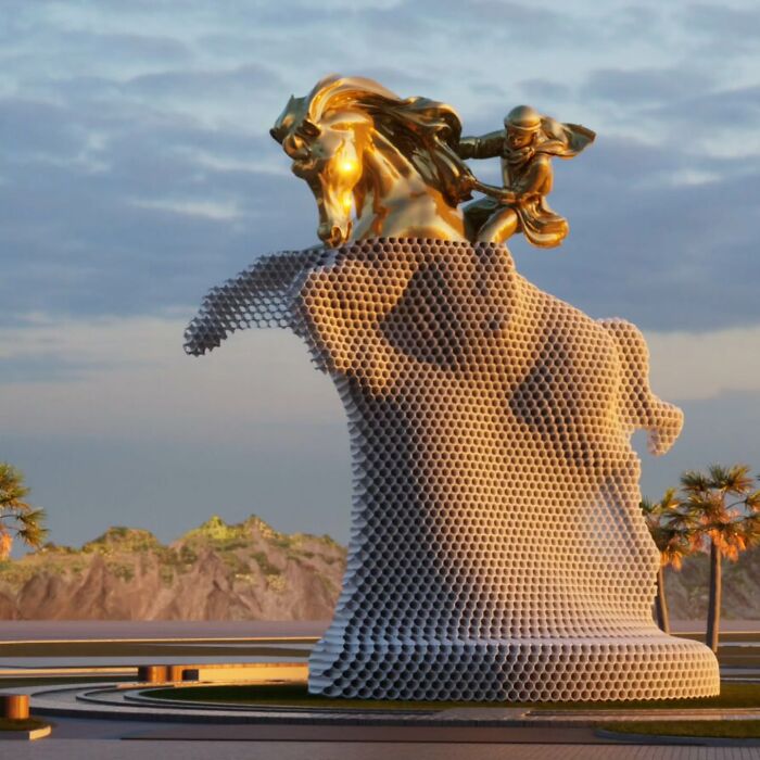Golden horse and rider atop intricate metal pipe sculpture by Yi Chul Hee, set against a scenic landscape.