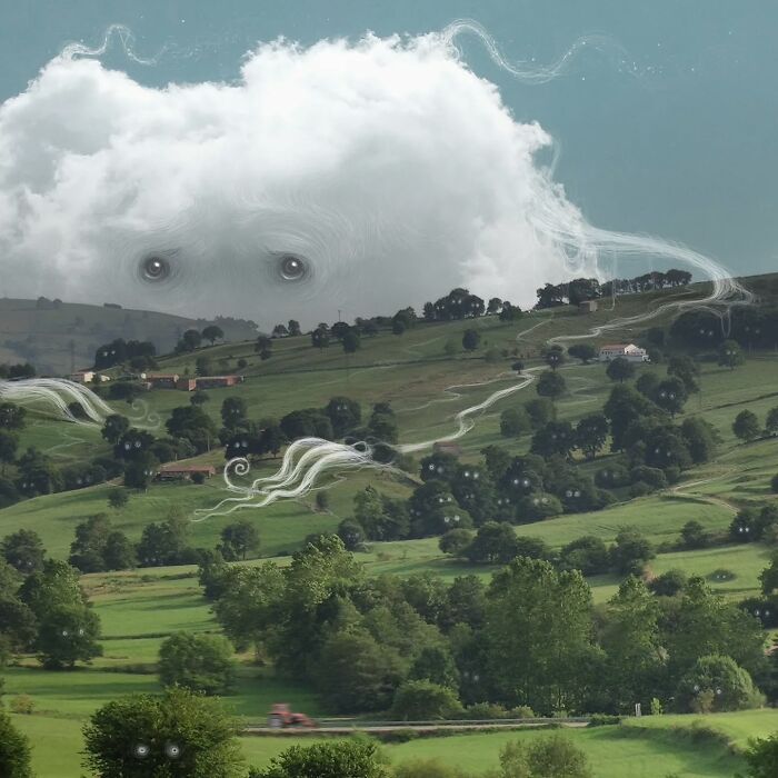 Surreal landscape by Vorja Sánchez featuring a cloud with eyes overlooking green hills, blending art and nature as interventions.