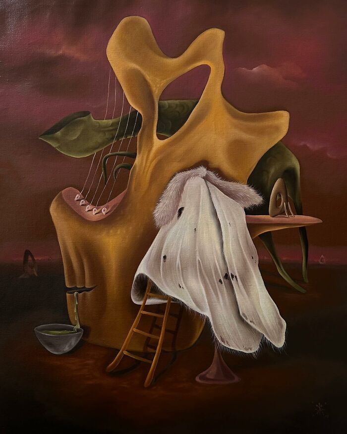 Surreal art piece by Rita Maikova Zaporozhets featuring an abstract form and a draped white cloth.