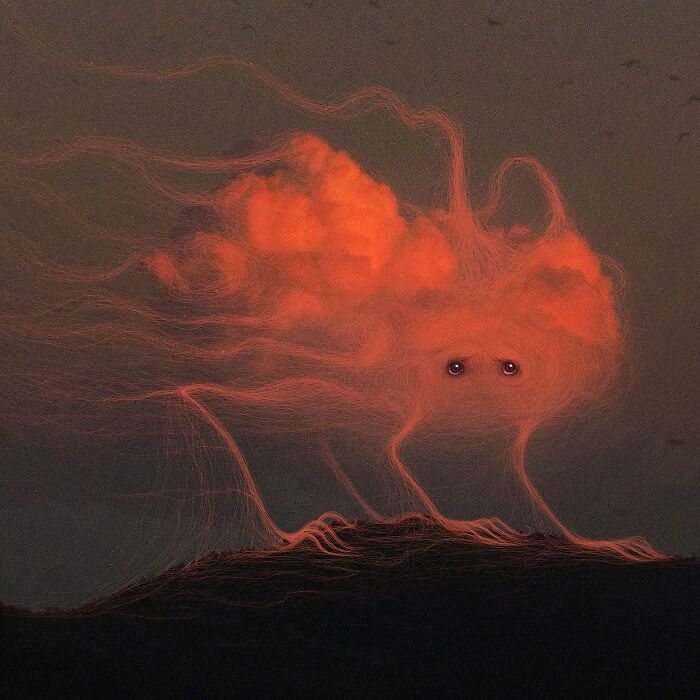 Abstract art by Vorja Sánchez depicting a whimsical creature with cloud-like features and expressive eyes.